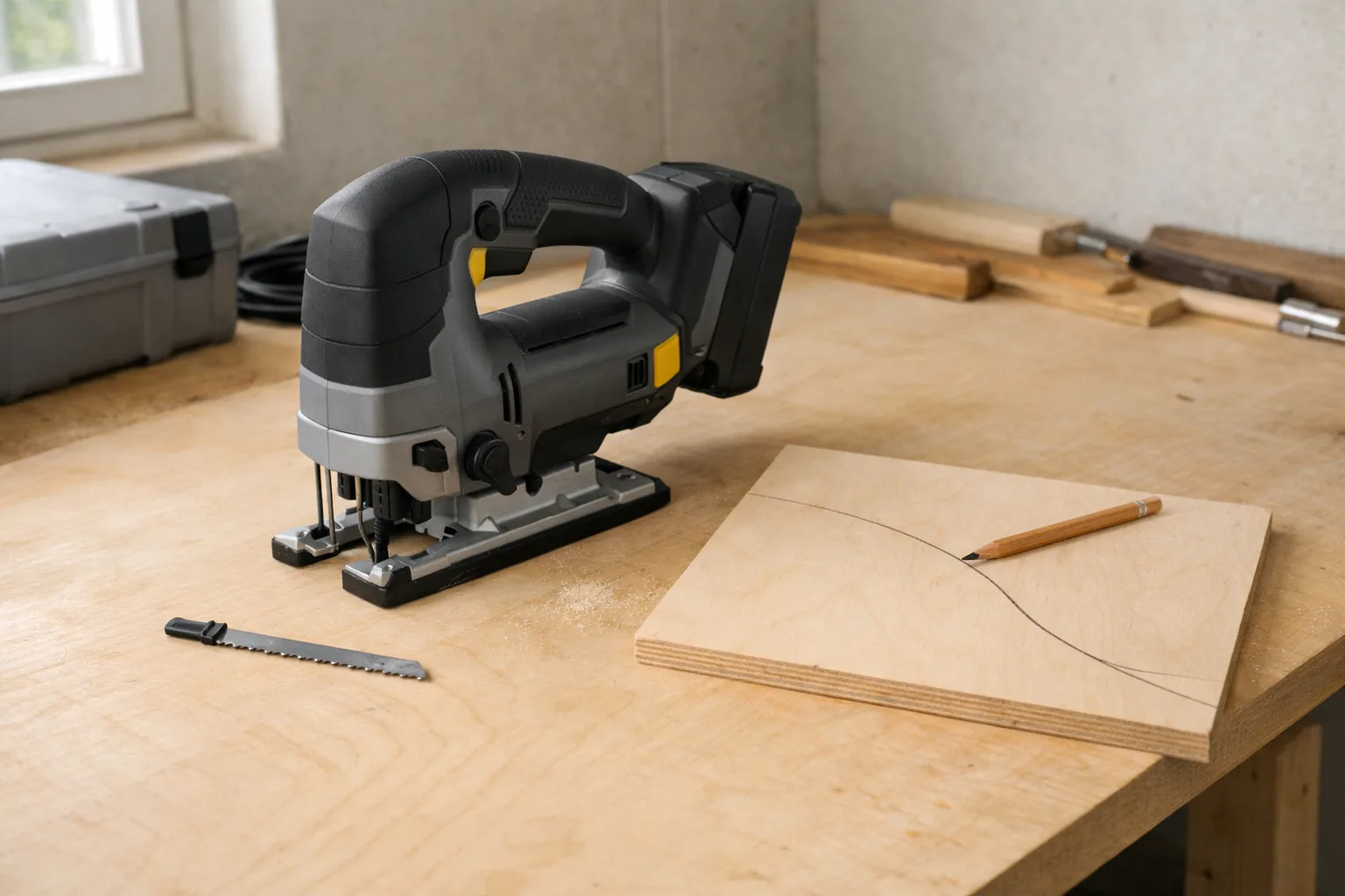Sticksåg och plywood på en arbetsbänk.